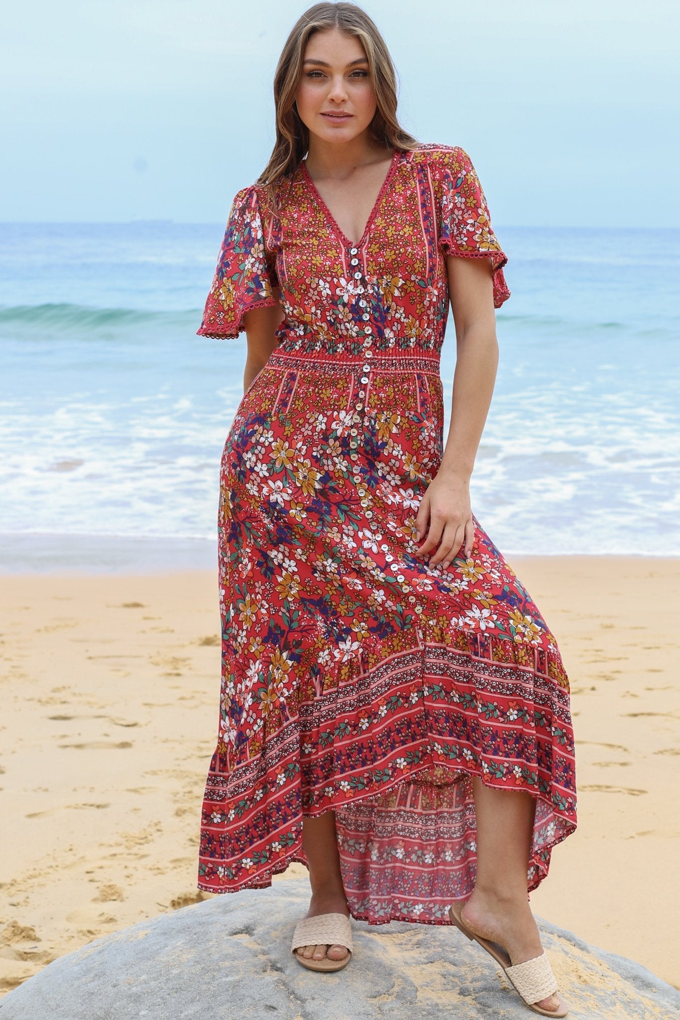 London Maxi Dress - Elasticated Waist Button Detail High Low Dress with Flutter Cap Sleeves in Floral Print