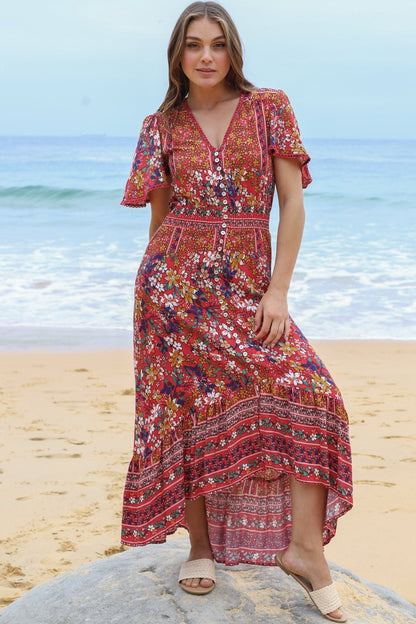 London Maxi Dress - Elasticated Waist Button Detail High Low Dress with Flutter Cap Sleeves in Floral Print