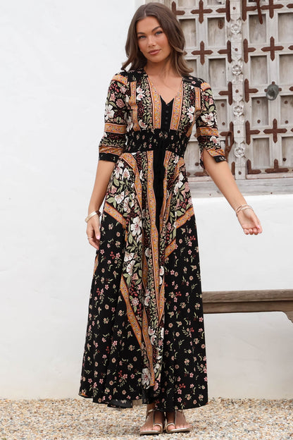 JAASE - Indiana Maxi Dress: Lace Back Shirred Waist A Line Dress with Handkerchief Hemline in Eternity Print