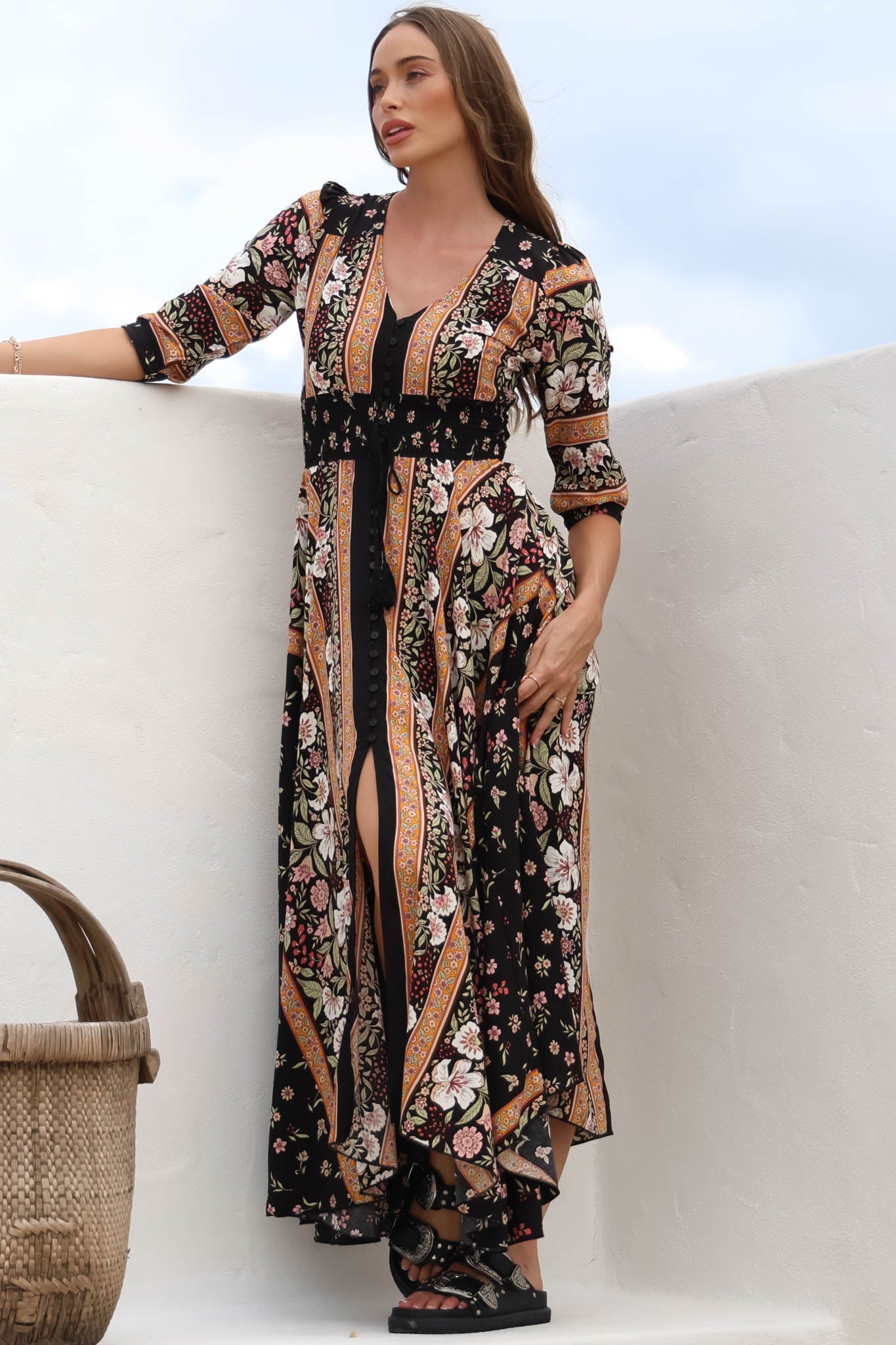 JAASE - Indiana Maxi Dress: Lace Back Shirred Waist A Line Dress with Handkerchief Hemline in Eternity Print