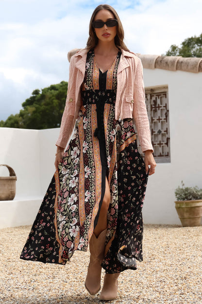 JAASE - Indiana Maxi Dress: Lace Back Shirred Waist A Line Dress with Handkerchief Hemline in Eternity Print