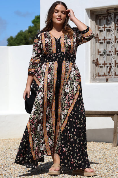 JAASE - Indiana Maxi Dress: Lace Back Shirred Waist A Line Dress with Handkerchief Hemline in Eternity Print