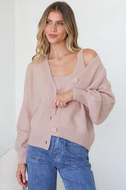 Indie Cardigan Set - Knit Top and Button Down Cardigan Set in Blush
