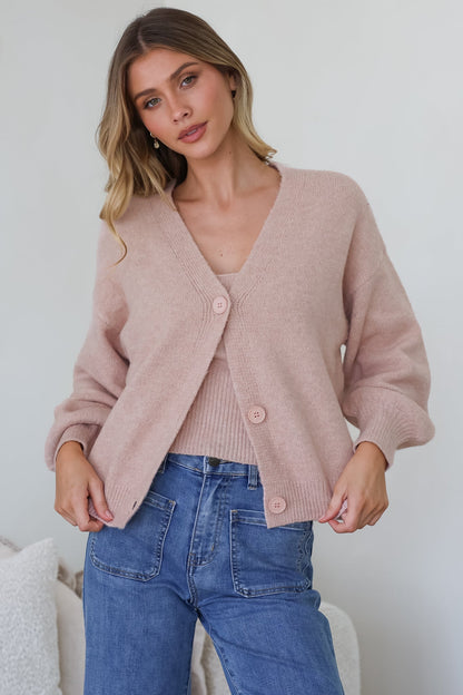 Indie Cardigan Set - Knit Top and Button Down Cardigan Set in Blush
