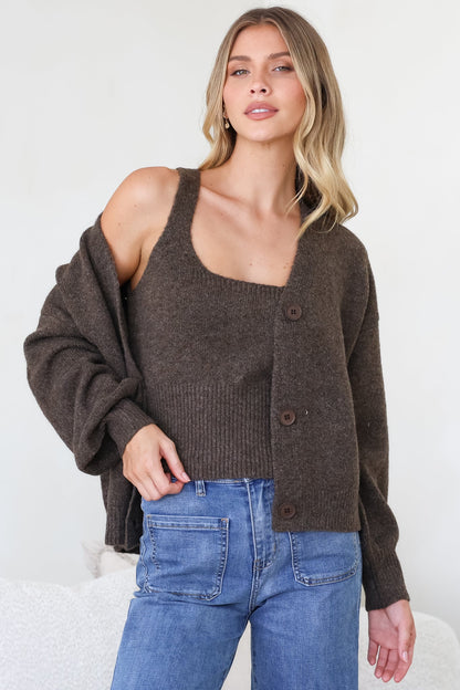 Indie Cardigan Set - Knit Top and Button Down Cardigan Set in Chocolate