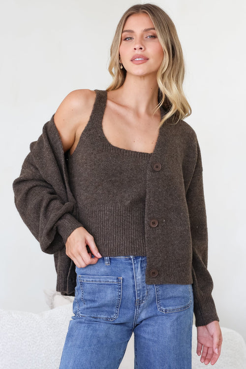 Indie Cardigan Set - Knit Top and Button Down Cardigan Set in Chocolate