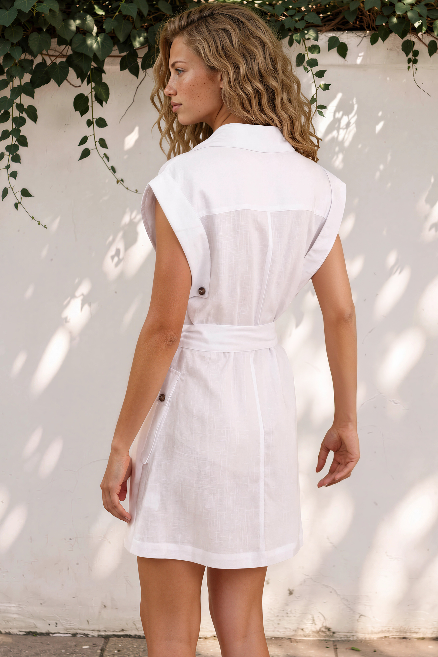 Jackson Mini Dress - Wing Collar Button Down Shirt Dress with Pockets and Belt in White