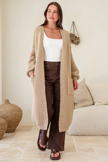 Jacky Cardigan - Ribbed Longline Knit with Balloon Sleeves and Pockets in Beige
