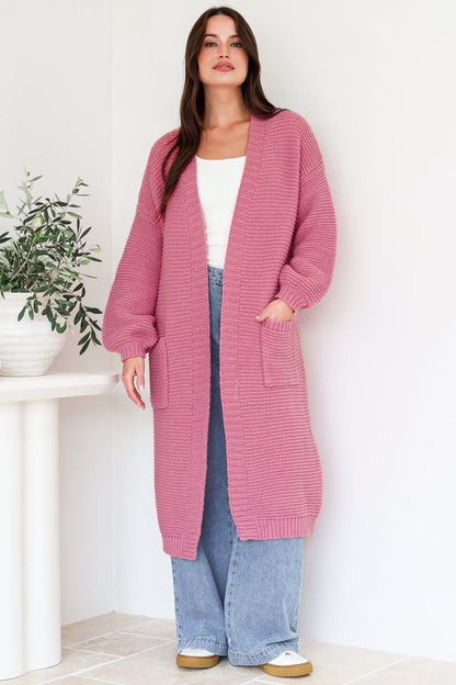 Jacky Cardigan - Ribbed Longline Knit with Balloon Sleeves and Pockets in Pink