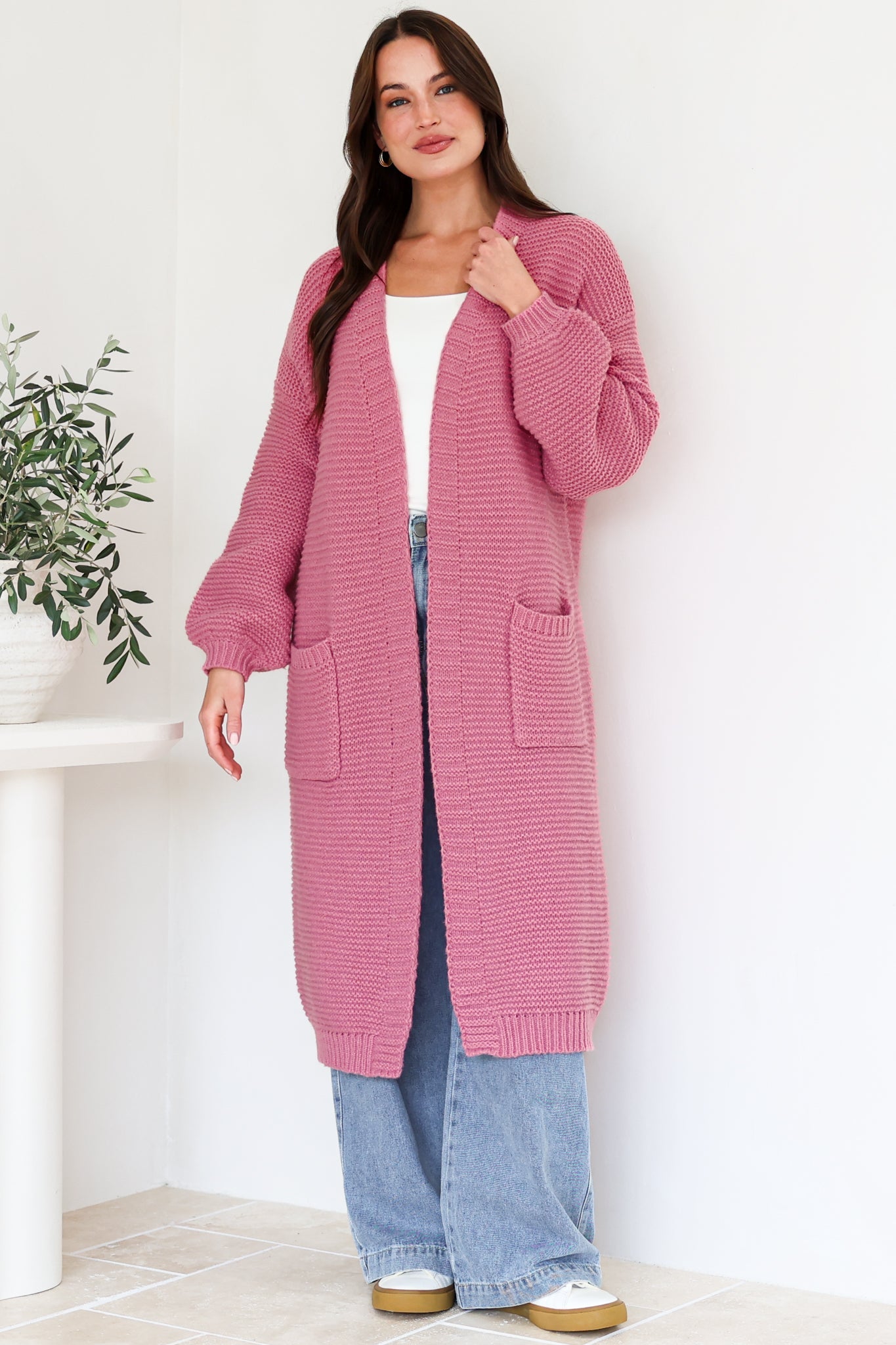 Jacky Cardigan - Ribbed Longline Knit with Balloon Sleeves and Pockets in Pink