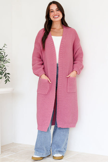 Jacky Cardigan - Ribbed Longline Knit with Balloon Sleeves and Pockets in Pink