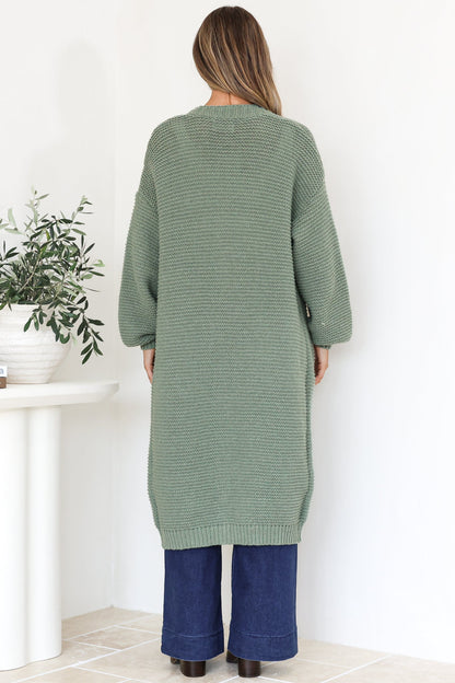 Jacky Cardigan - Ribbed Longline Knit with Balloon Sleeves and Pockets in Sage