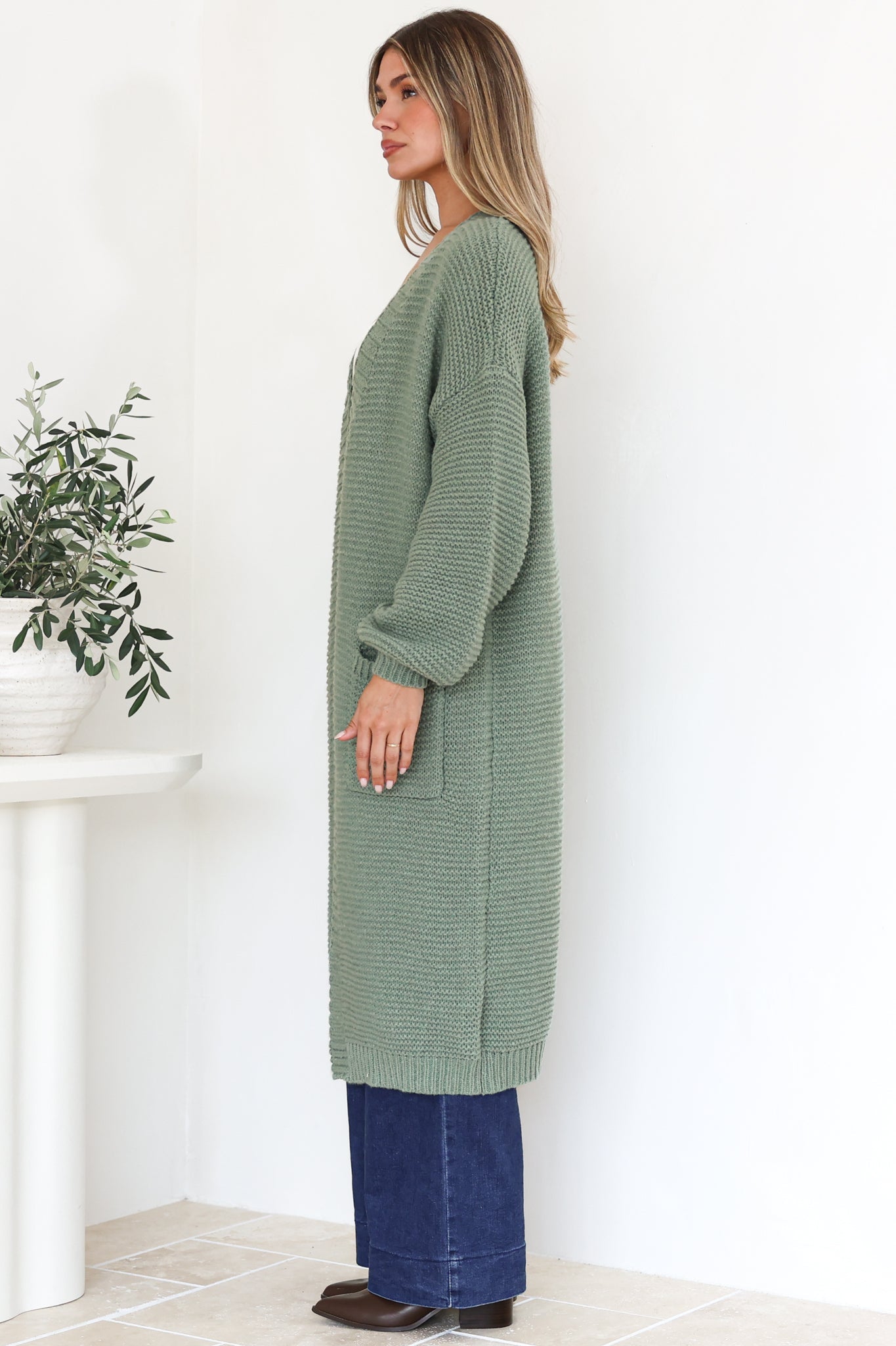 Jacky Cardigan - Ribbed Longline Knit with Balloon Sleeves and Pockets in Sage