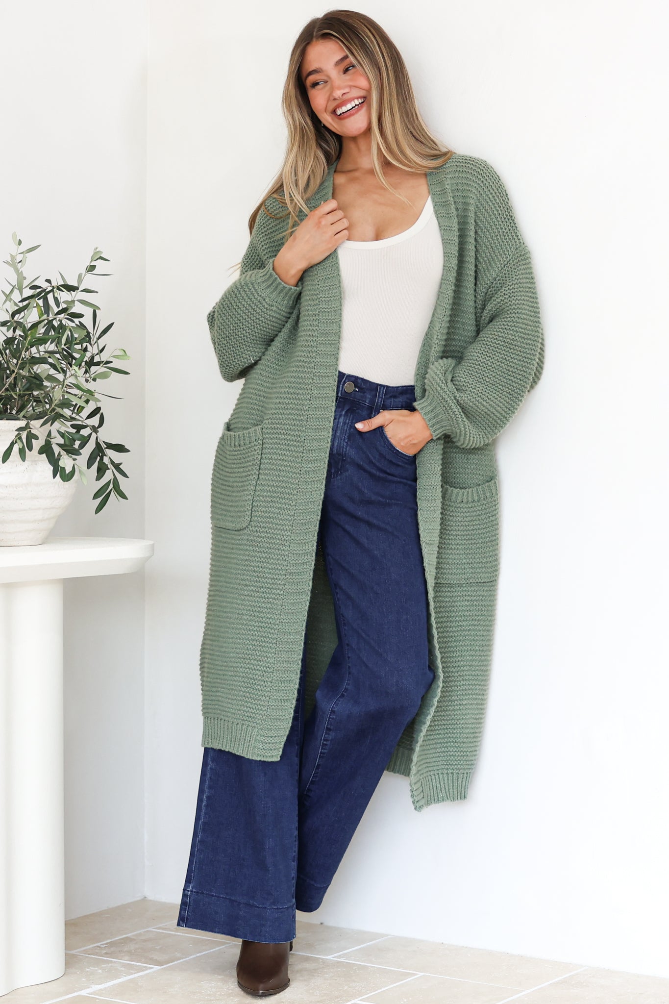 Jacky Cardigan - Ribbed Longline Knit with Balloon Sleeves and Pockets in Sage