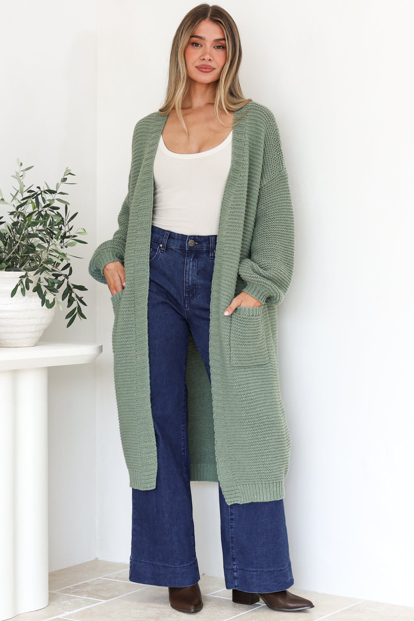 Jacky Cardigan - Ribbed Longline Knit with Balloon Sleeves and Pockets in Sage