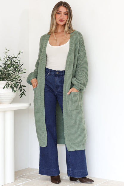 Jacky Cardigan - Ribbed Longline Knit with Balloon Sleeves and Pockets in Sage