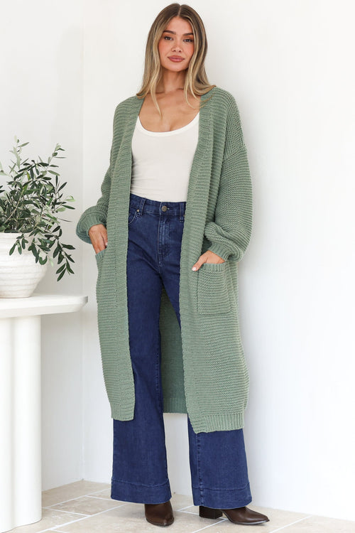 Jacky Cardigan - Ribbed Longline Knit with Balloon Sleeves and Pockets in Sage