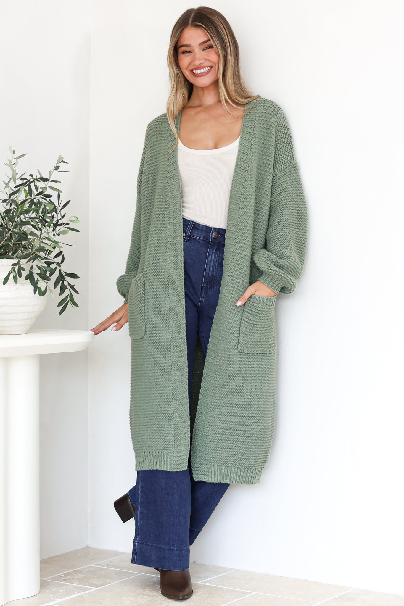 Jacky Cardigan - Ribbed Longline Knit with Balloon Sleeves and Pockets in Sage
