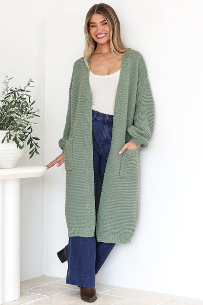 Jacky Cardigan - Ribbed Longline Knit with Balloon Sleeves and Pockets in Sage