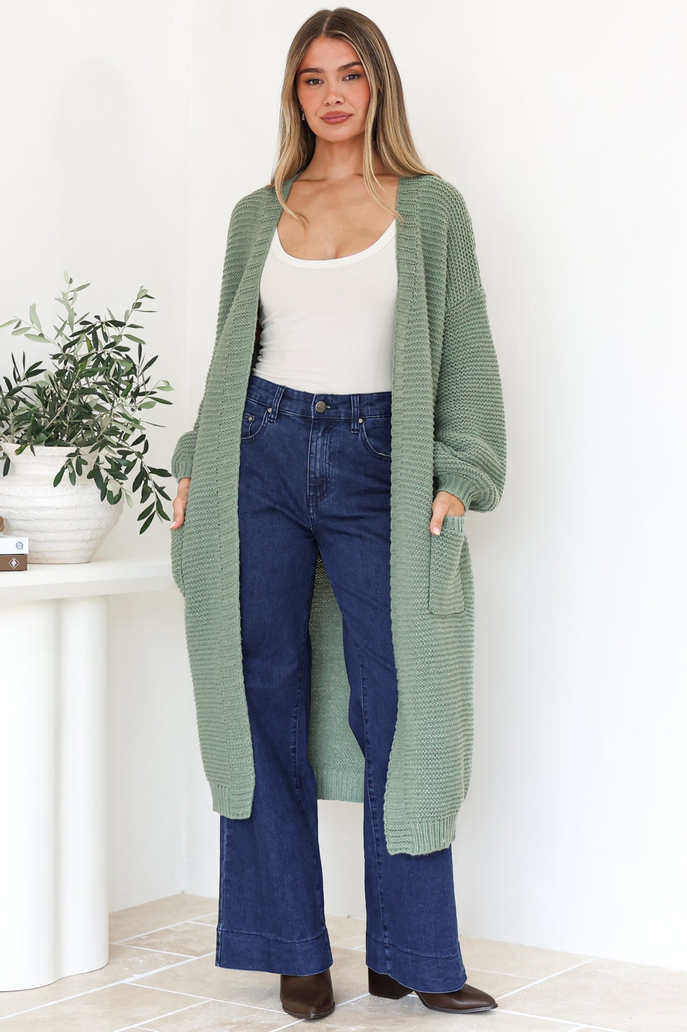 Jacky Cardigan - Ribbed Longline Knit with Balloon Sleeves and Pockets in Sage