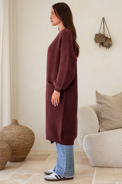 Jacky Cardigan - Ribbed Longline Knit with Balloon Sleeves and Pockets in Wine