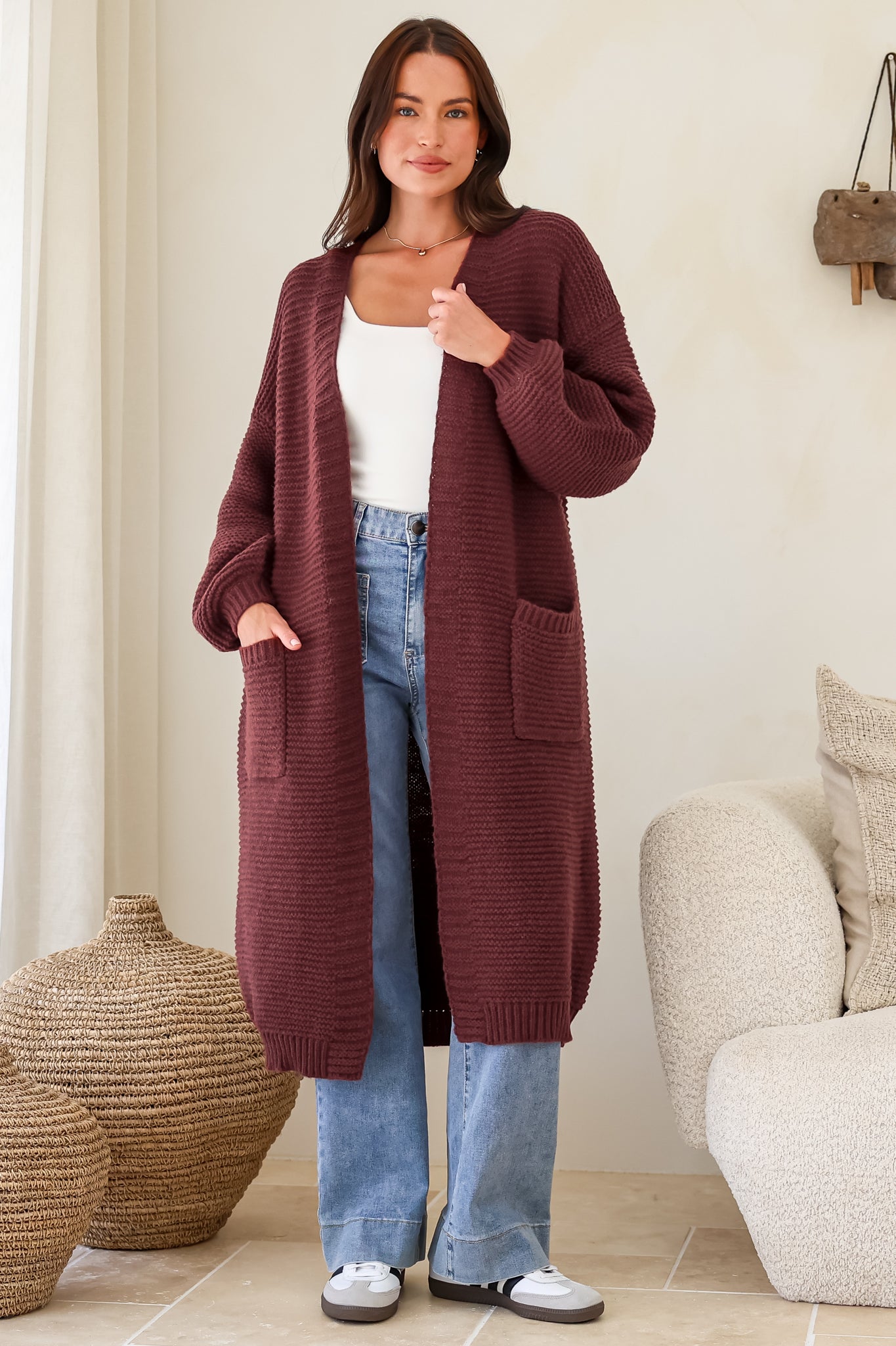 Jacky Cardigan - Ribbed Longline Knit with Balloon Sleeves and Pockets in Wine