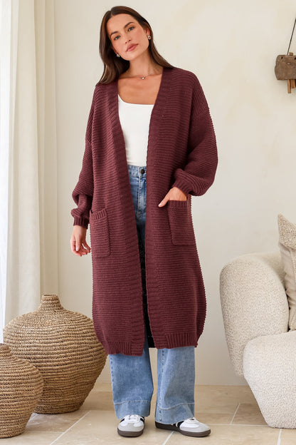 Jacky Cardigan - Ribbed Longline Knit with Balloon Sleeves and Pockets in Wine