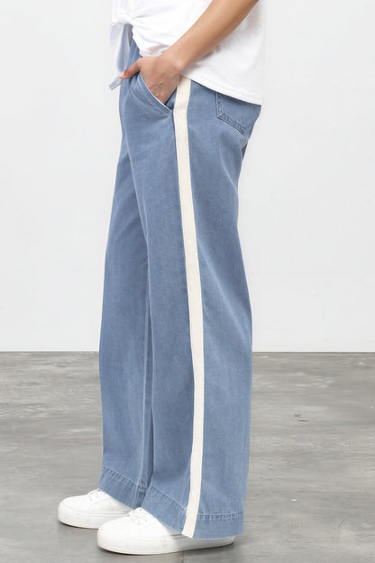 Jakoda Jeans - Elasticated High Waisted Denim Pants with Contrast Stripe in Light Denim