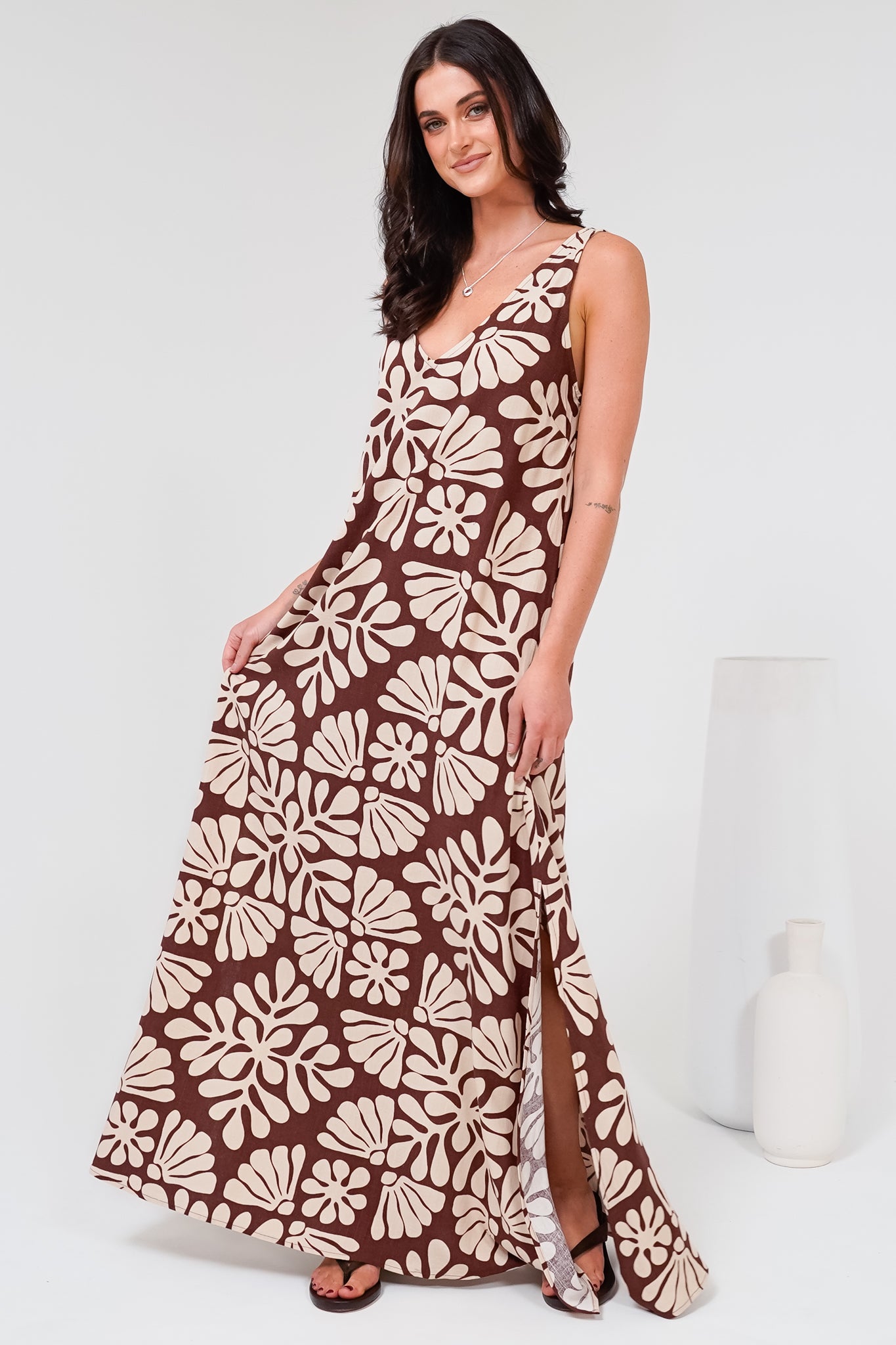 Janeen Maxi Dress - A-Line Sleeveless Dress with Side Splits in Lunie Print Chocolate
