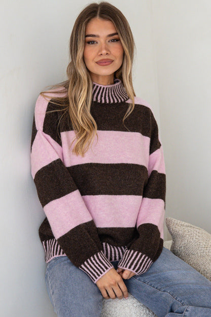 Janie Jumper - Mock Neck Striped Jumper with Contrast Stripe Hemlines in Pink