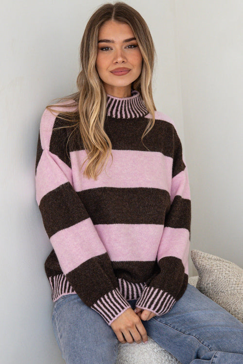 Janie Jumper - Mock Neck Striped Jumper with Contrast Stripe Hemlines in Pink