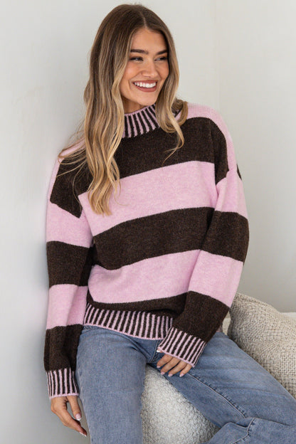 Janie Jumper - Mock Neck Striped Jumper with Contrast Stripe Hemlines in Pink