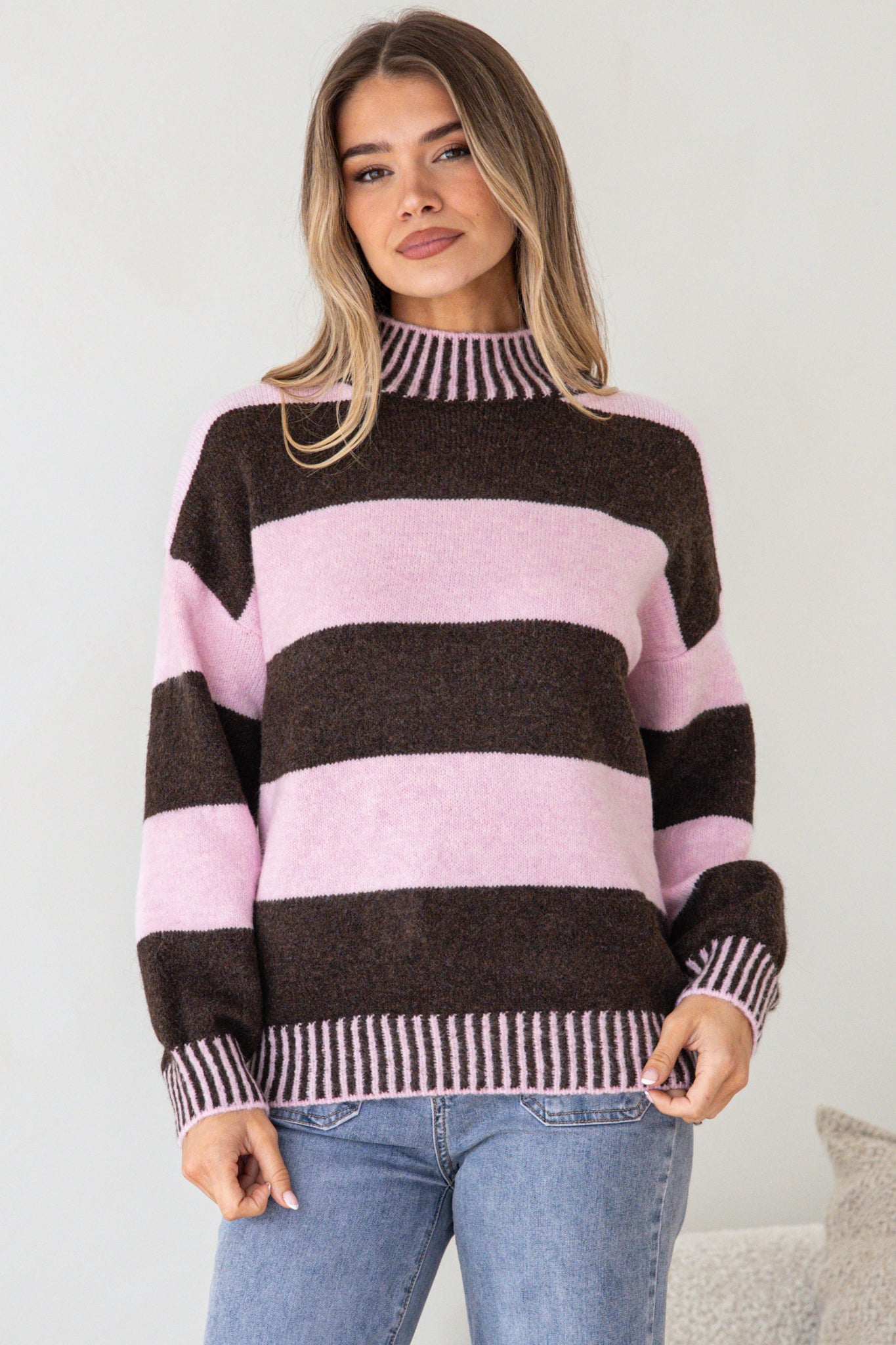 Janie Jumper - Mock Neck Striped Jumper with Contrast Stripe Hemlines in Pink