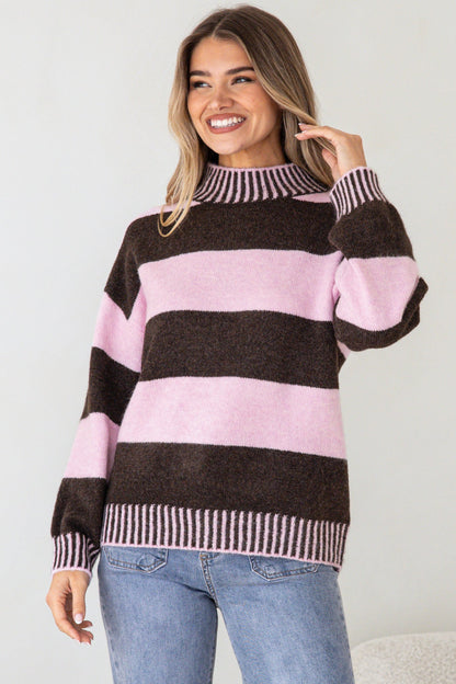 Janie Jumper - Mock Neck Striped Jumper with Contrast Stripe Hemlines in Pink