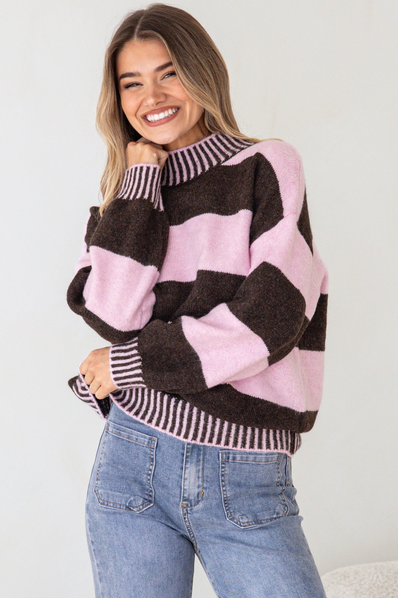 Janie Jumper - Mock Neck Striped Jumper with Contrast Stripe Hemlines in Pink