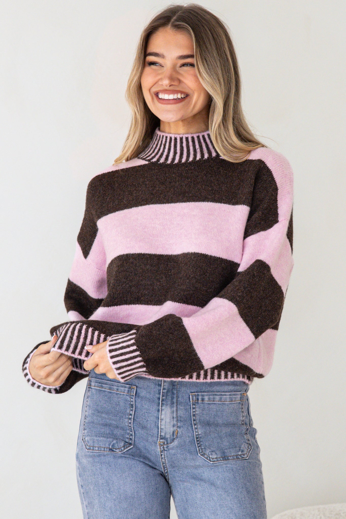 Janie Jumper - Mock Neck Striped Jumper with Contrast Stripe Hemlines in Pink