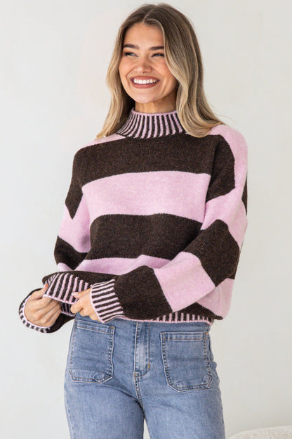 Janie Jumper - Mock Neck Striped Jumper with Contrast Stripe Hemlines in Pink