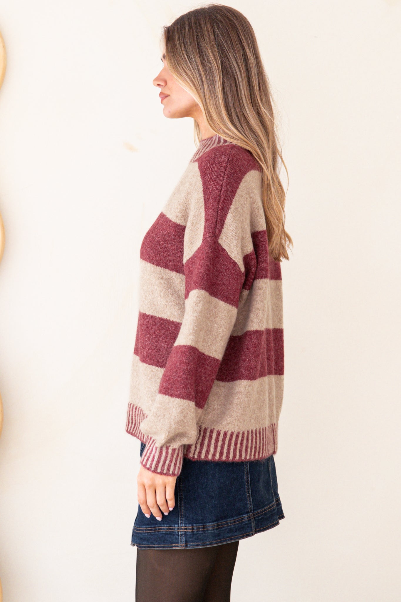 Janie Jumper - Mock Neck Striped Jumper with Contrast Stripe Hemlines in Mauve