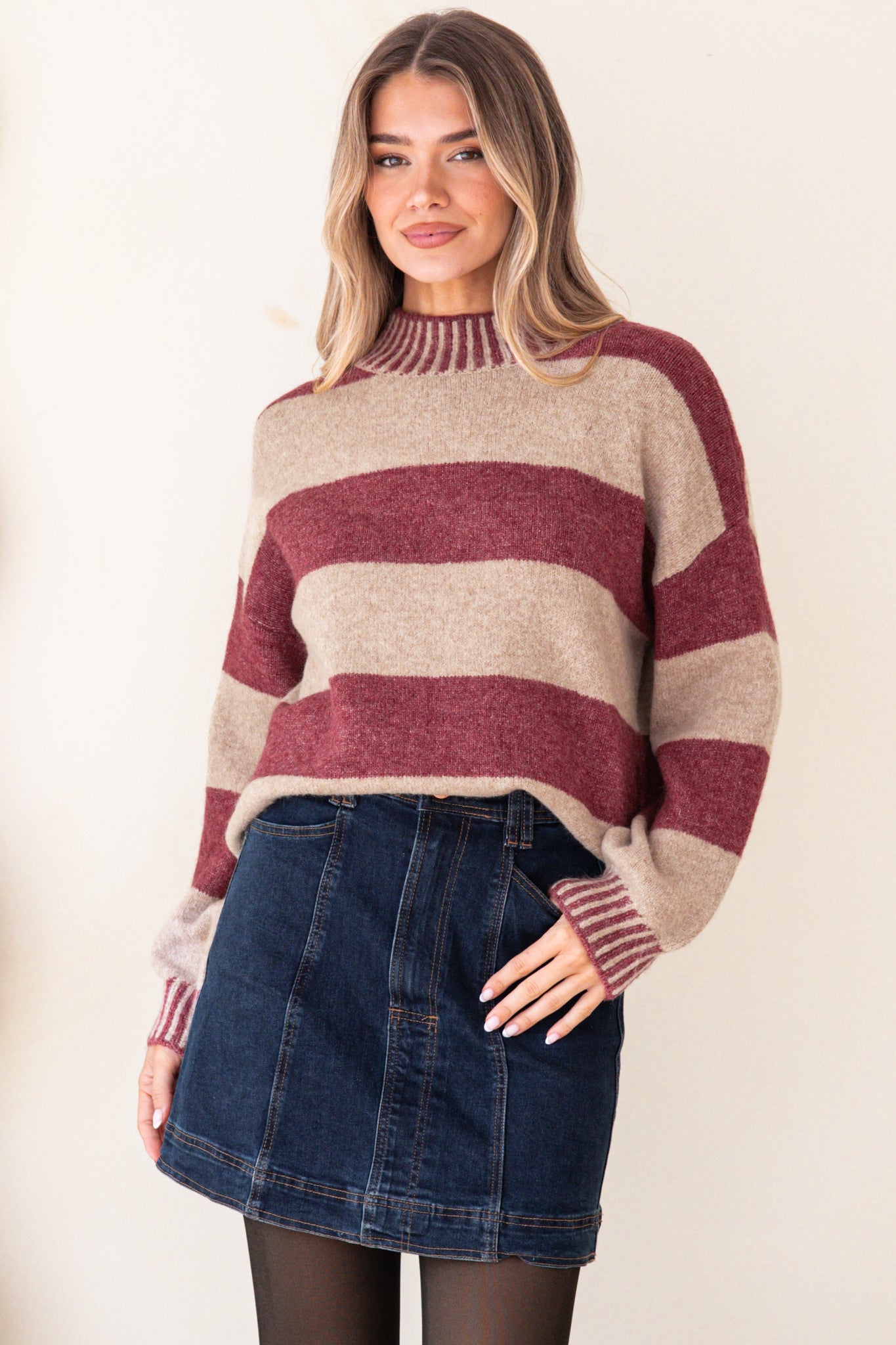 Janie Jumper - Mock Neck Striped Jumper with Contrast Stripe Hemlines in Mauve