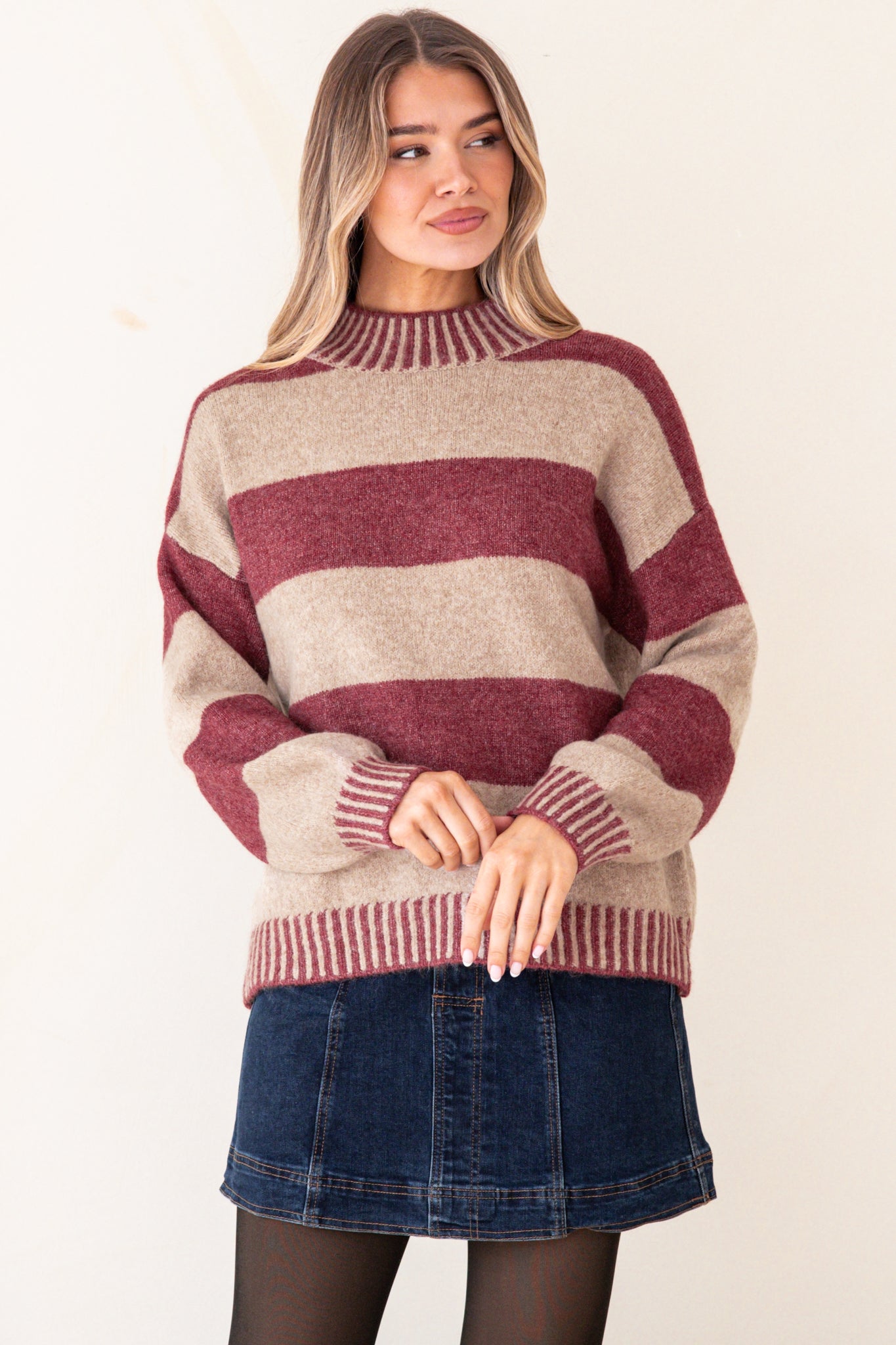 Janie Jumper - Mock Neck Striped Jumper with Contrast Stripe Hemlines in Mauve