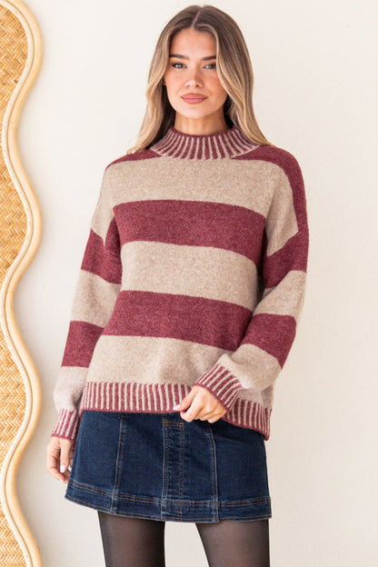 Janie Jumper - Mock Neck Striped Jumper with Contrast Stripe Hemlines in Mauve