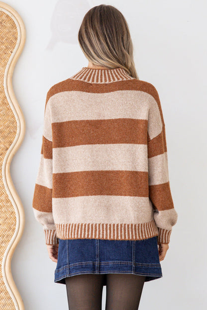 Janie Jumper - Mock Neck Striped Jumper with Contrast Stripe Hemlines in Mocha