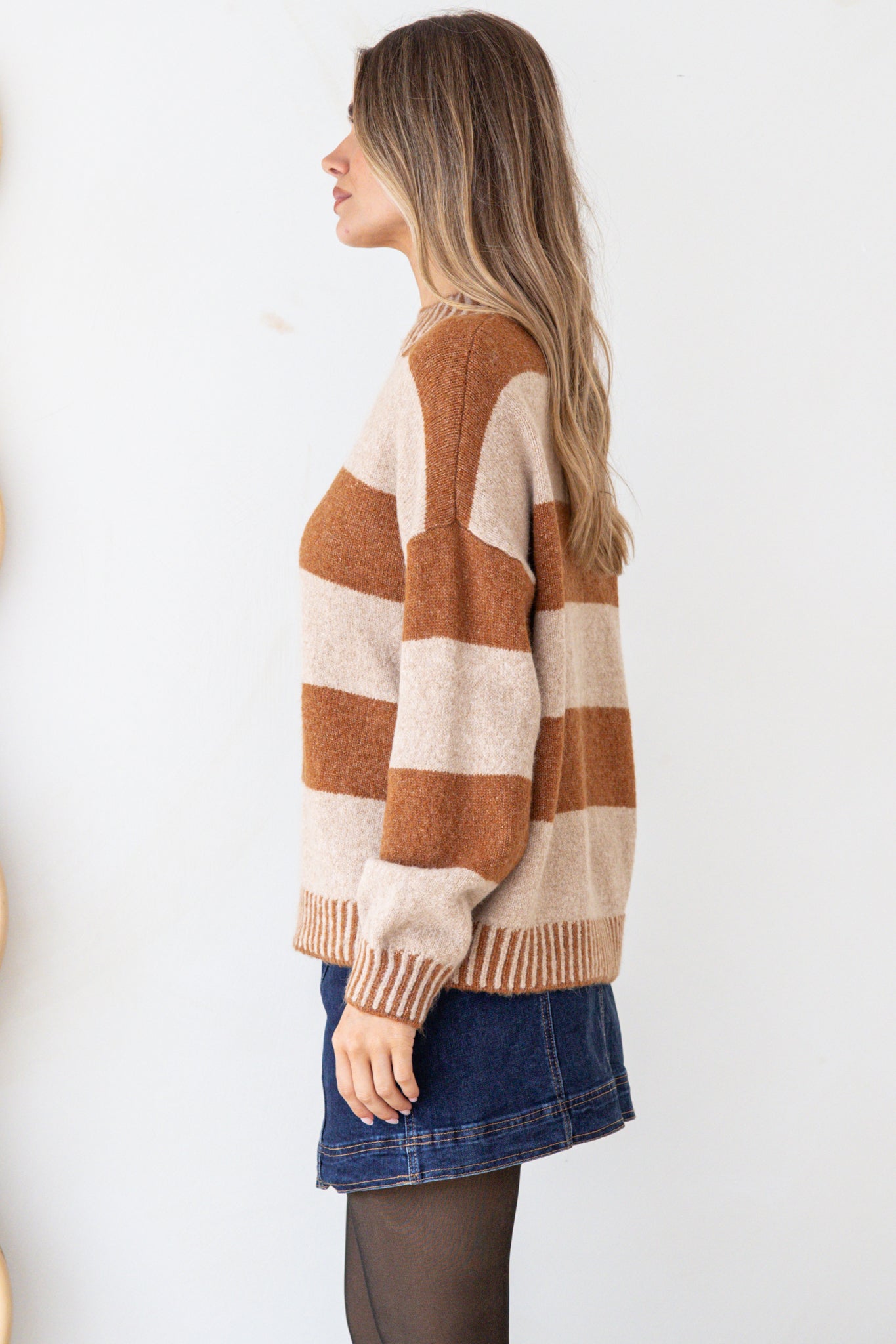 Janie Jumper - Mock Neck Striped Jumper with Contrast Stripe Hemlines in Mocha