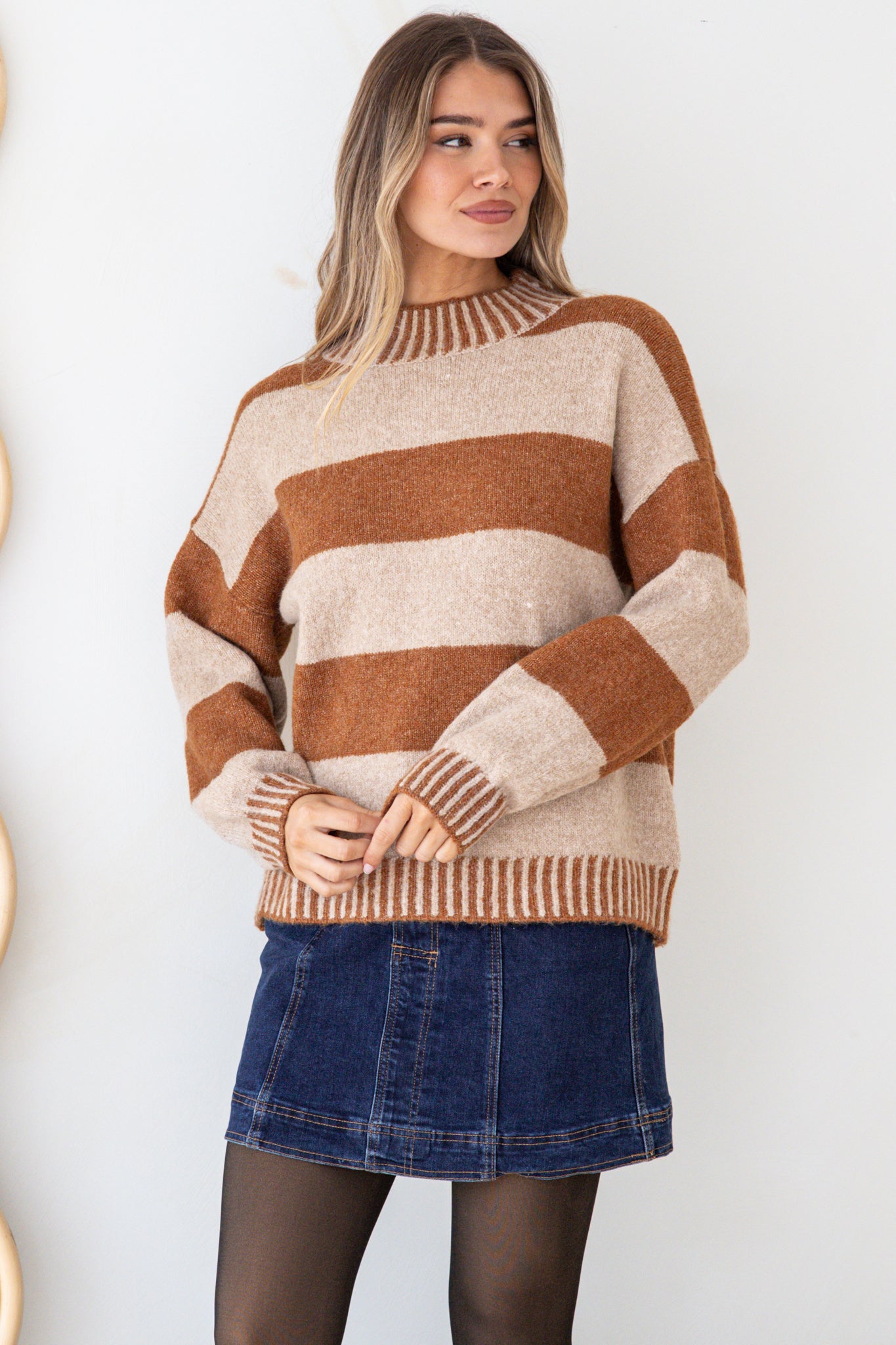 Janie Jumper - Mock Neck Striped Jumper with Contrast Stripe Hemlines in Mocha