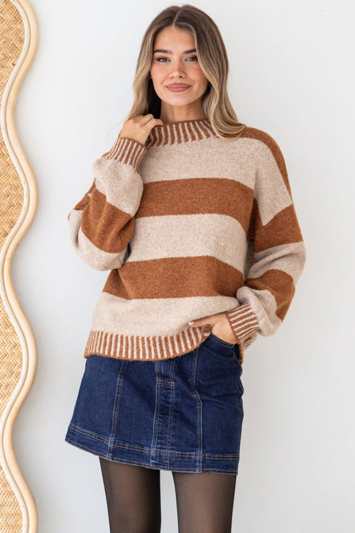 Janie Jumper - Mock Neck Striped Jumper with Contrast Stripe Hemlines in Mocha
