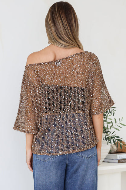 Janina Top - Off Shoulder Asymmetric Relaxed Sequin Mesh Top in Mocha