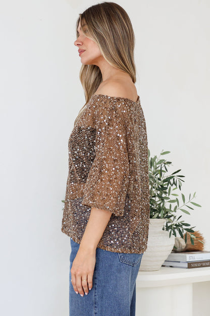 Janina Top - Off Shoulder Asymmetric Relaxed Sequin Mesh Top in Mocha