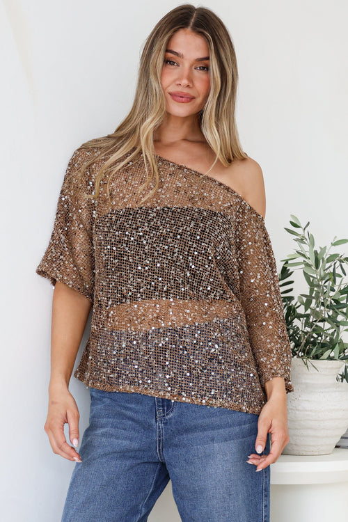 Janina Top - Off Shoulder Asymmetric Relaxed Sequin Mesh Top in Mocha