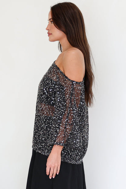 Janina Top - Off Shoulder Asymmetric Relaxed Sequin Mesh Top in Black