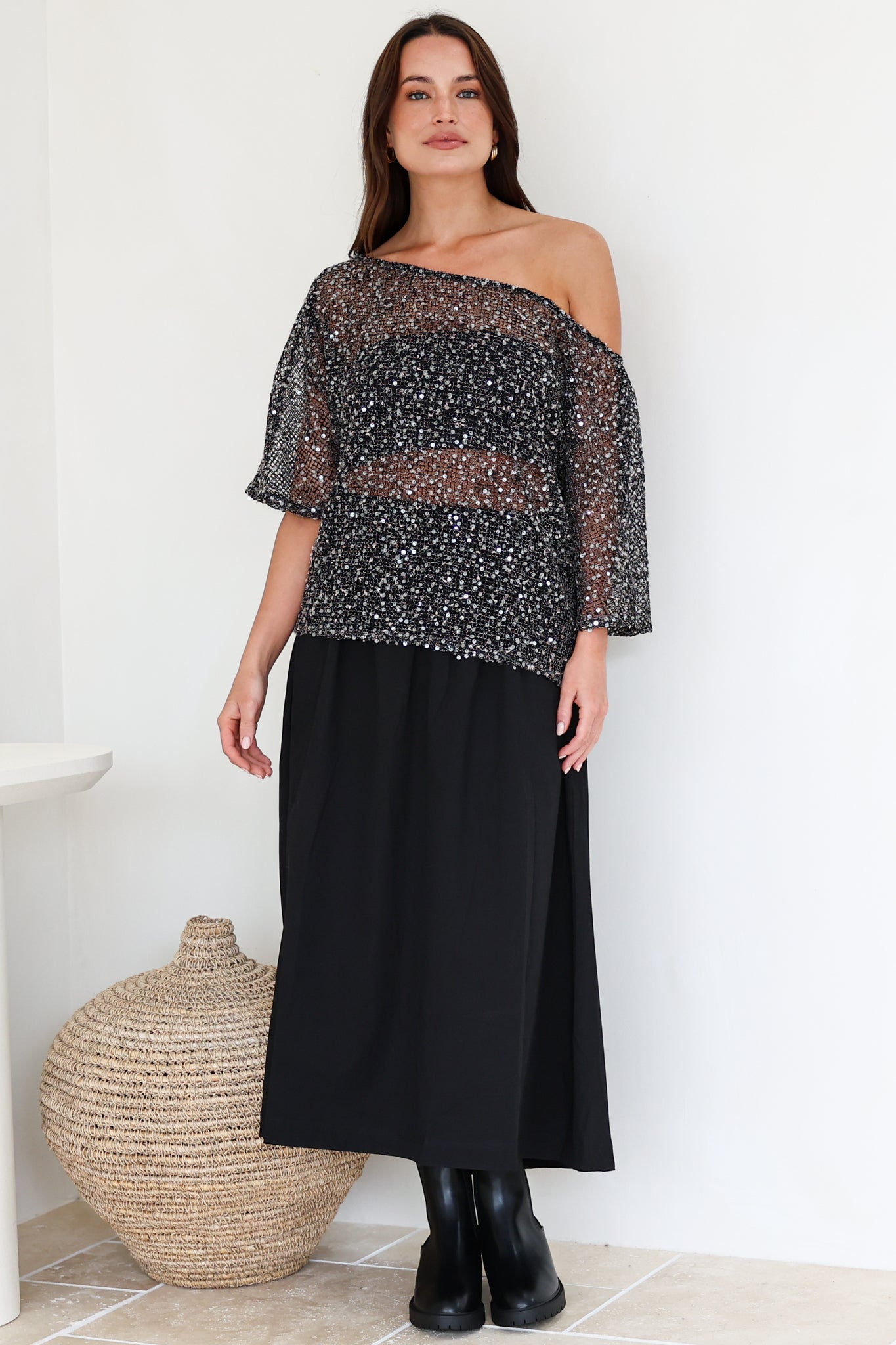 Janina Top - Off Shoulder Asymmetric Relaxed Sequin Mesh Top in Black